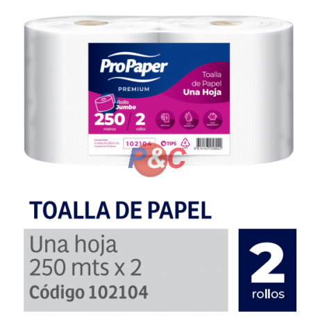 toalla papel propaper industrial 250 mts .x 2 rollos  $ 7.490 mas iva.